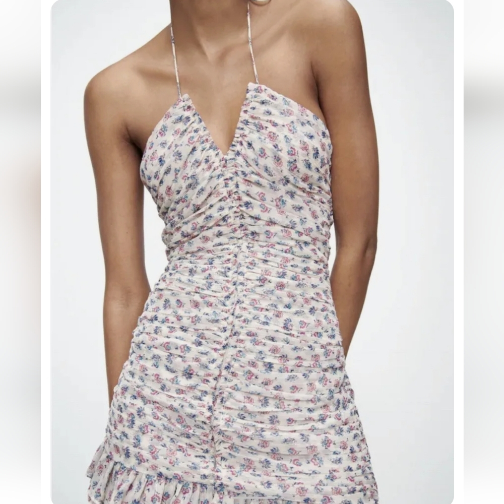 ZARA Strapless metalic thread draped print dress